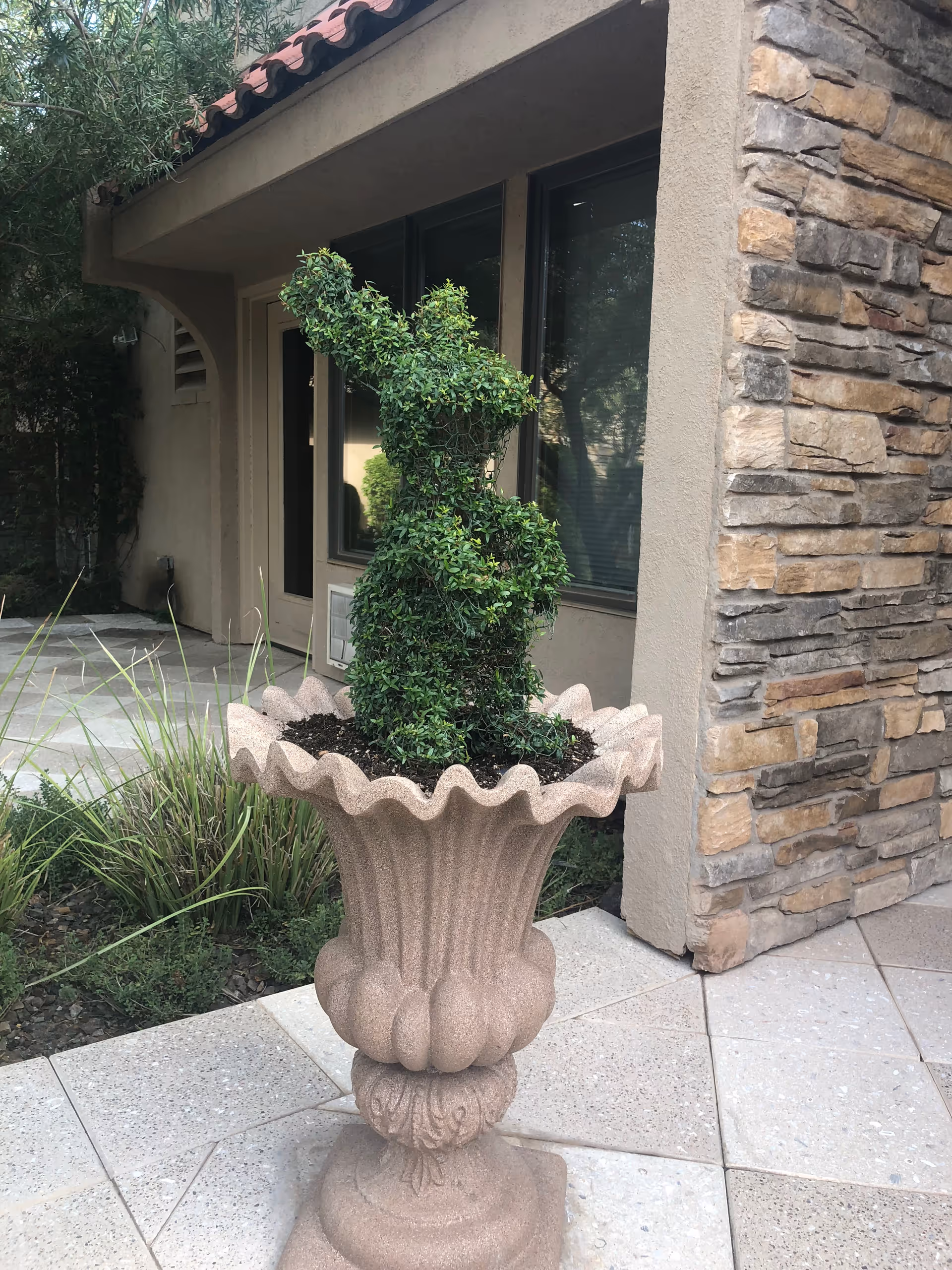 A decorative outdoor planter with a topiary shaped like a rabbit, placed on a tiled patio next to a building with stone and stucco walls and windows.