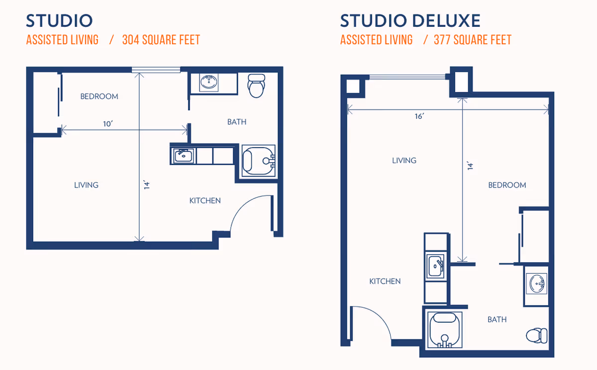 Floor plans for two assisted living studio apartments at Bethesda Gardens. The first plan is a 304 square feet studio with a bedroom, living area, kitchen, and bathroom. The second plan is a 377 square feet studio deluxe with a living area, bedroom, kitchen, and bathroom. Both layouts show room dimensions and fixtures like sinks, toilets, and bathtubs.