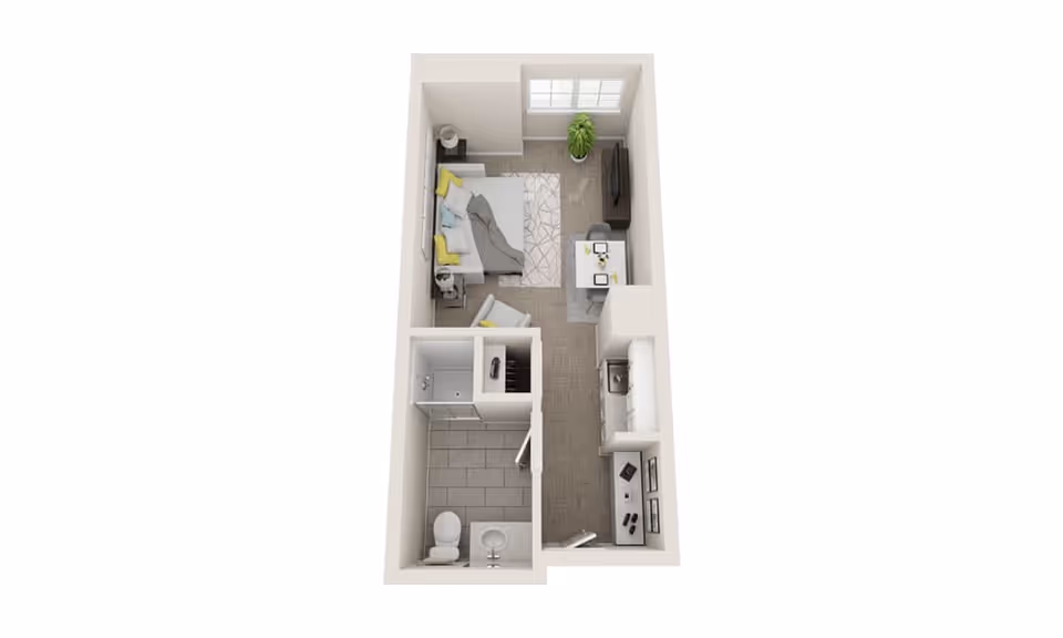 3D floor plan of a small apartment unit featuring a combined living and bedroom area with a bed, armchair, desk, TV, and a plant by the window. The unit also includes a kitchen area with a sink and counter space, and a separate bathroom with a toilet, sink, and shower.