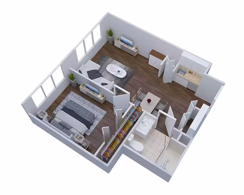 3D floor plan of a senior living apartment at Discovery Village At Boynton Beach showing a bedroom with a bed and nightstands, a living room with two chairs, a coffee table, and a TV, a dining area with a table and chairs, a kitchen with cabinets and countertop, a bathroom with a sink, toilet, and shower, and a closet with hanging clothes.