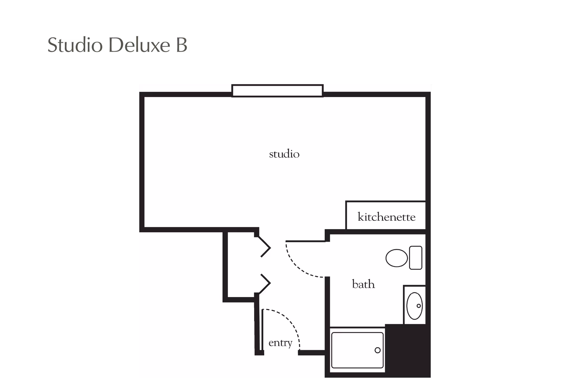 Floor plan layout of a Studio Deluxe B apartment at Atria Evergreen Valley, showing a studio area, kitchenette, bathroom with toilet and bathtub, and an entryway.