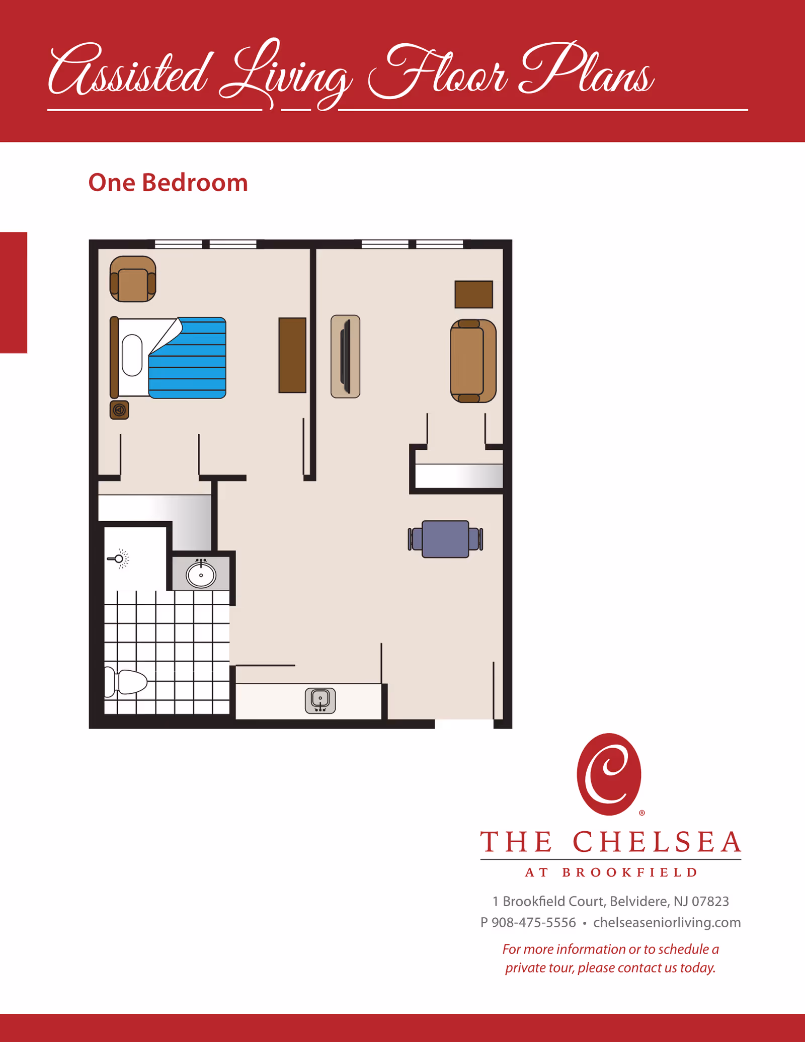 Floor plan of a one-bedroom assisted living apartment showing a bedroom with a bed and chair, a bathroom with a toilet, sink, and shower, a living area with a sofa, chair, and TV, and a kitchen area with a sink.
