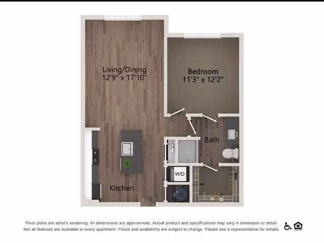 Floor plan of an apartment at Overture River District showing a combined living and dining area measuring 12 feet 9 inches by 17 feet 10 inches, a kitchen area, a bedroom measuring 11 feet 3 inches by 12 feet 2 inches, a bathroom, and a washer/dryer closet. The layout includes wood flooring in the living/dining and kitchen areas and carpet in the bedroom.