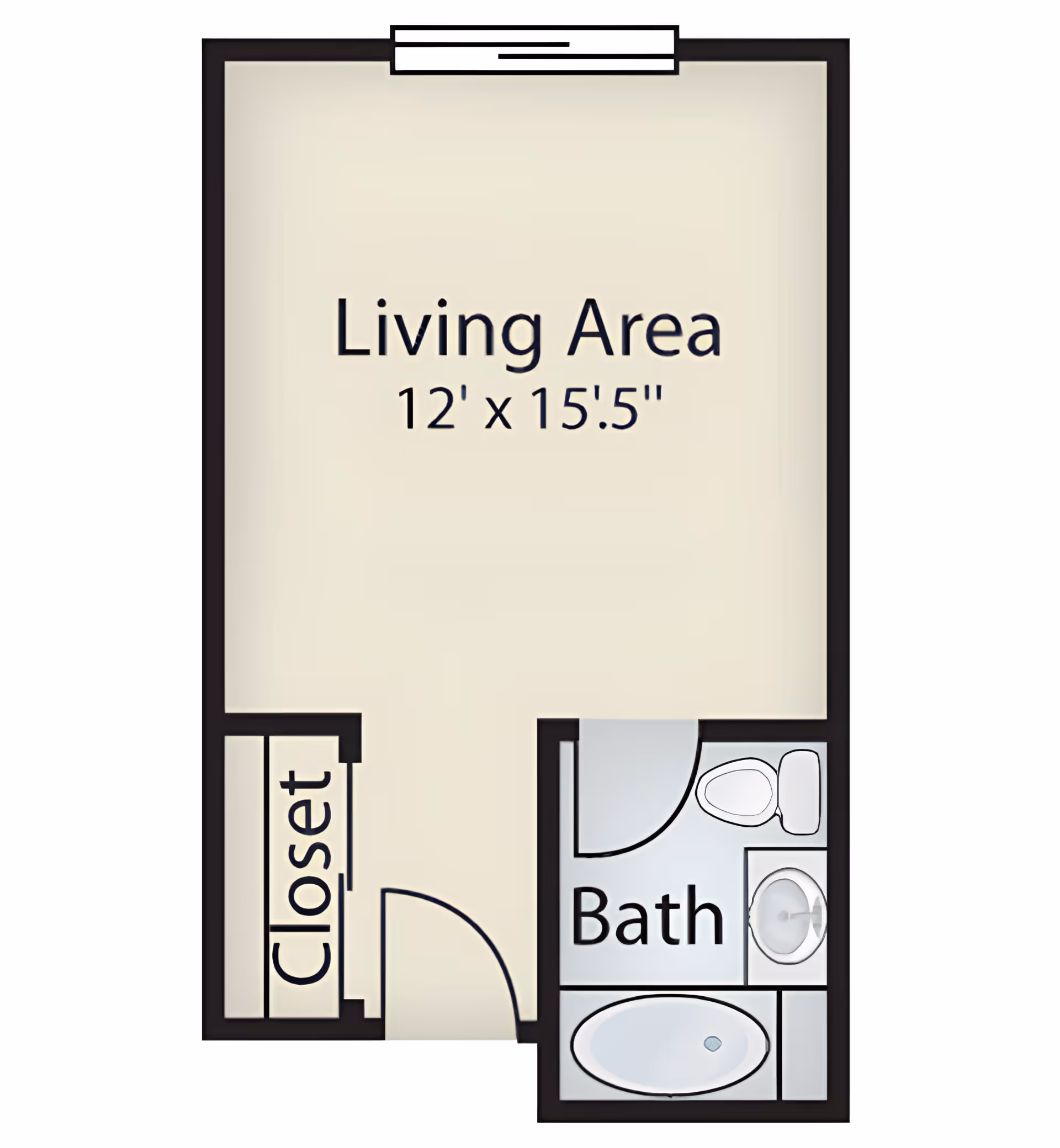 Floor plan of a living area measuring 12 feet by 15 feet 5 inches, with an adjacent closet and a bathroom containing a toilet, sink, and bathtub.