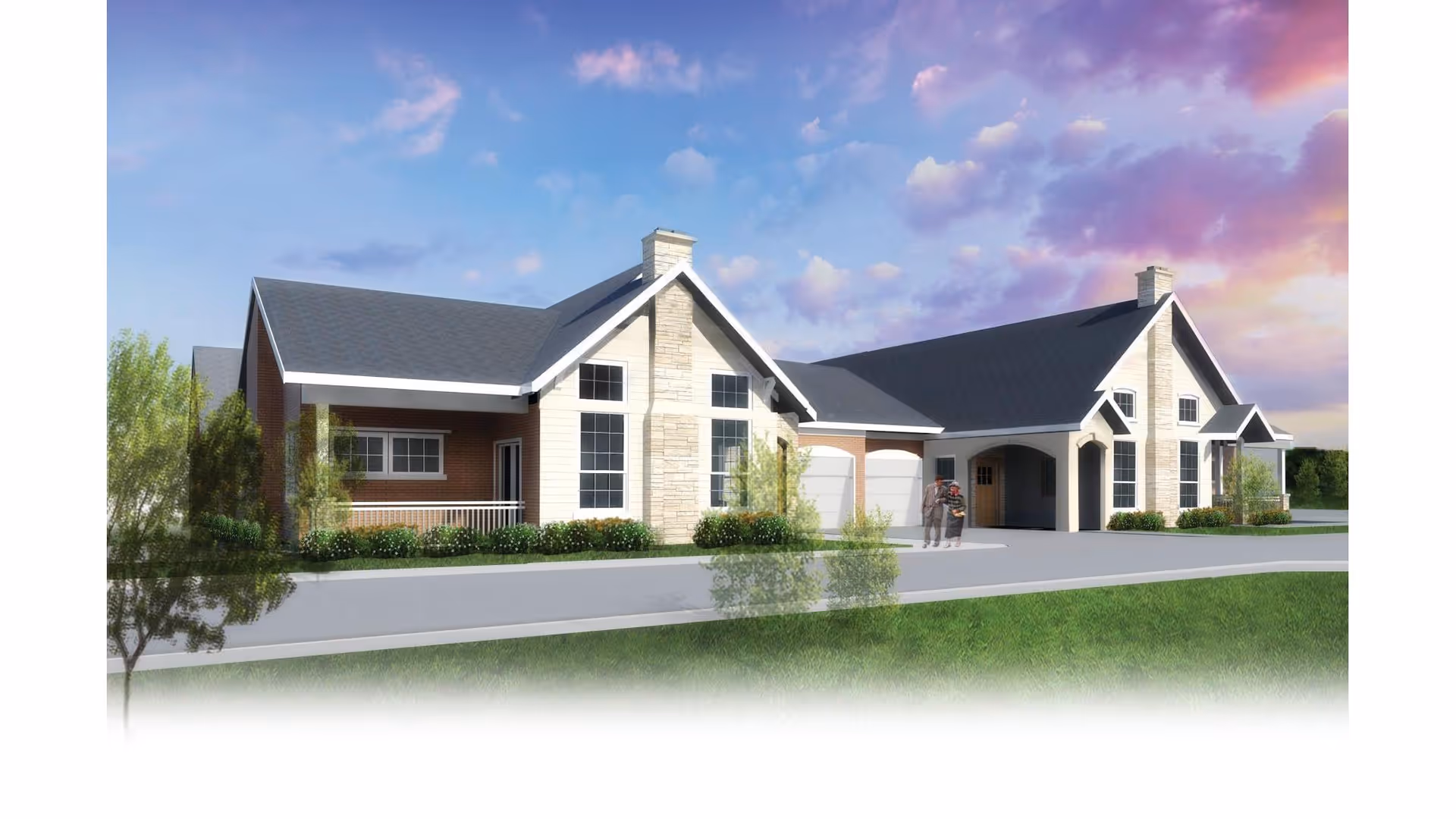 Front exterior view of a single-story community building with garages, large windows and landscaped lawn under a colorful sky.