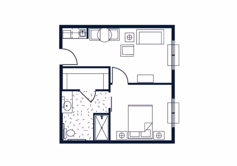 Simple one-bedroom apartment floor plan showing a kitchen, living area, bedroom, and bathroom.