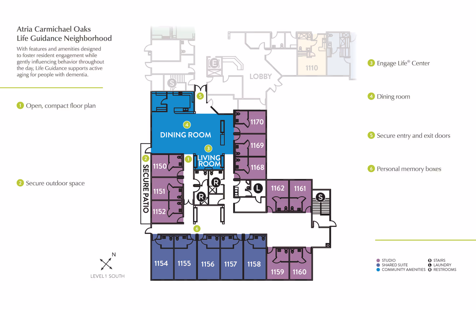 Floor plan of Atria Carmichael Oaks Life Guidance Neighborhood showing an open, compact layout with labeled areas including a dining room, living room, secure patio, and various studio and shared suite rooms. The plan highlights features such as secure outdoor space, secure entry and exit doors, personal memory boxes, and community amenities like laundry, stairs, and restrooms.