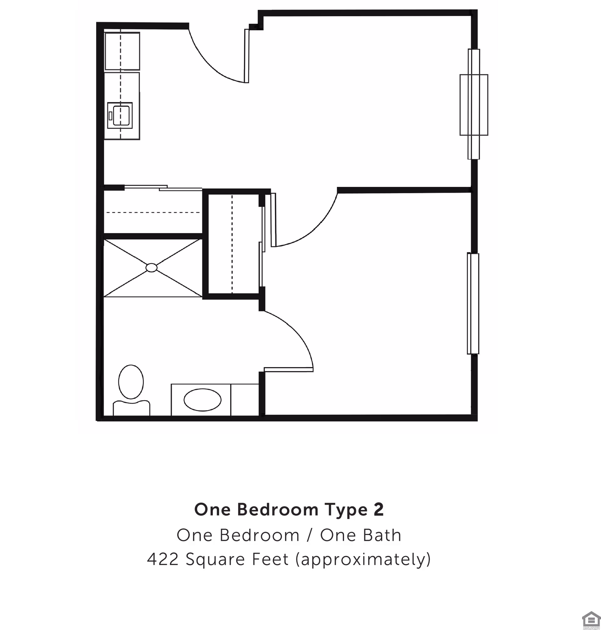 Black-and-white floor plan diagram of a one-bedroom, one-bath apartment showing a kitchen, bathroom, bedroom and living area.