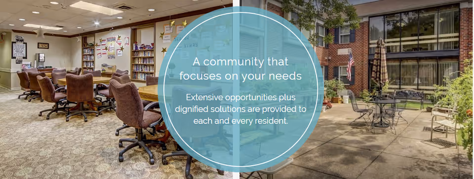 Left side shows an interior community room with carpeted floor, several brown swivel chairs around tables, bookshelves, and bulletin boards on the walls. Right side shows an outdoor patio area with metal tables and chairs, umbrellas, greenery, and a brick building with windows and an American flag.
