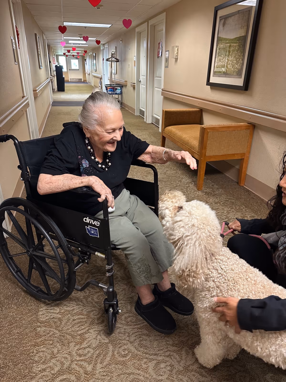An elderly woman in a wheelchair smiling and reaching out to pet a fluffy white dog in a hallway decorated with hanging red and pink heart decorations. A person is holding the dog's leash. The hallway has beige walls, carpeted floor, and a wooden bench along the wall.