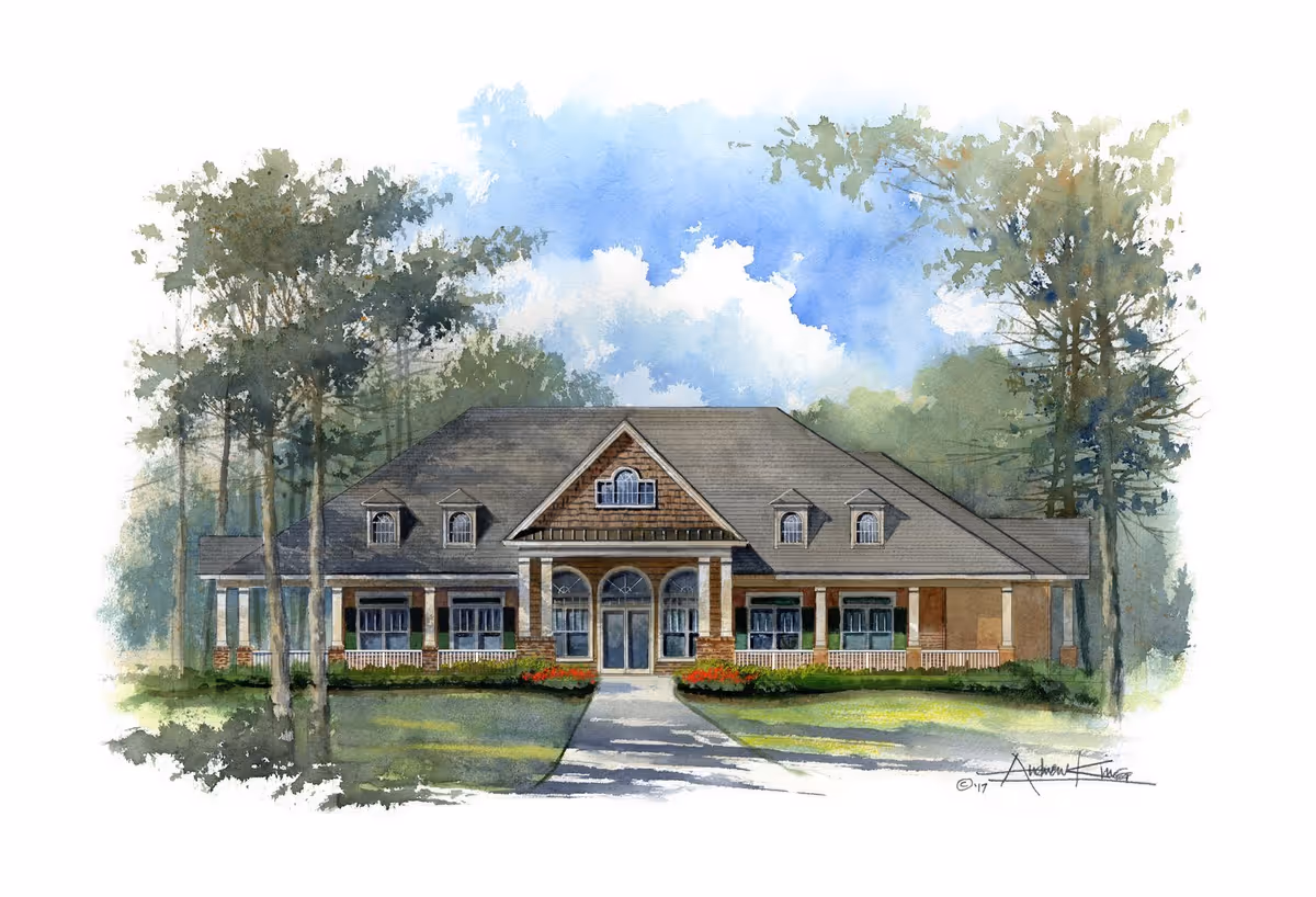 Watercolor illustration of a single-story community building with a covered front porch, columns, and trees.
