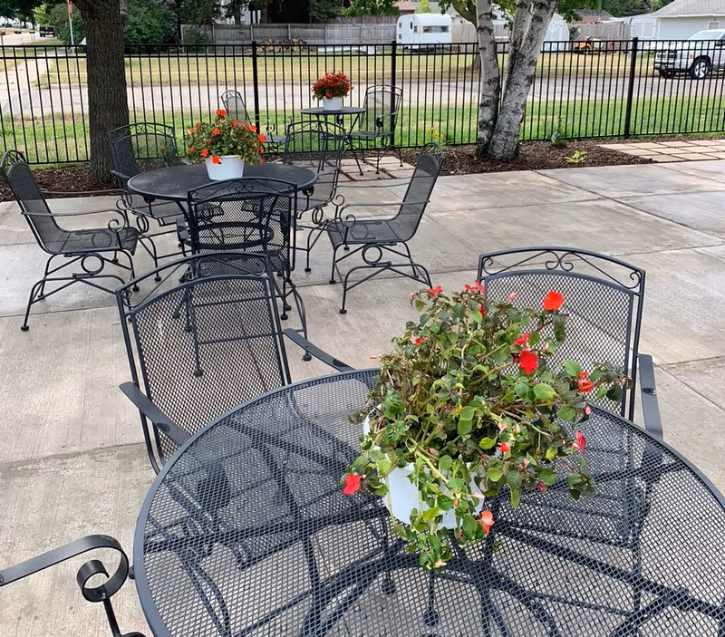 Outdoor patio area with multiple black metal mesh tables and chairs. Each table has a white pot with red flowering plants. The patio is paved with concrete and surrounded by a black metal fence, with trees and grass visible beyond the fence.