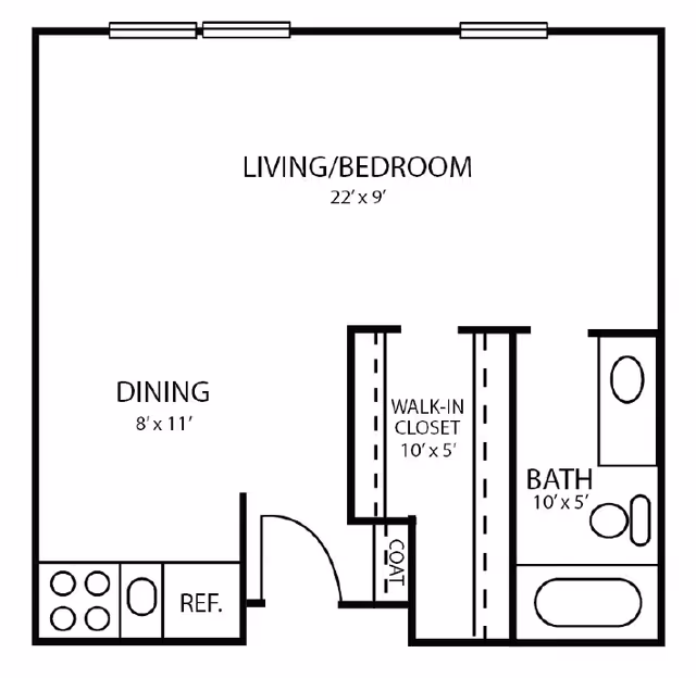 Floor plan of a senior living unit showing a combined living and bedroom area measuring 22 by 9 feet, a dining area measuring 8 by 11 feet, a kitchen area with stove and refrigerator, a walk-in closet measuring 10 by 5 feet, a coat closet, and a bathroom measuring 10 by 5 feet with a bathtub, toilet, and sink.