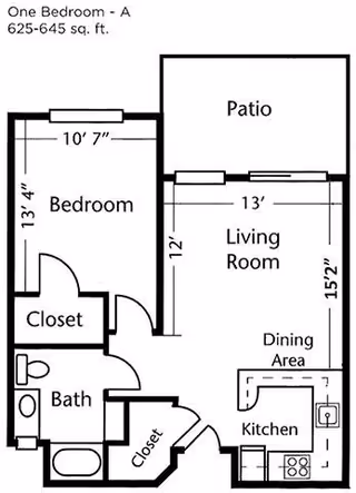 Floor plan of a one-bedroom apartment labeled 'One Bedroom - A' with 625-645 square feet. The layout includes a bedroom with a closet, a bathroom, a living room with a dining area, a kitchen, an additional closet near the entrance, and a patio.