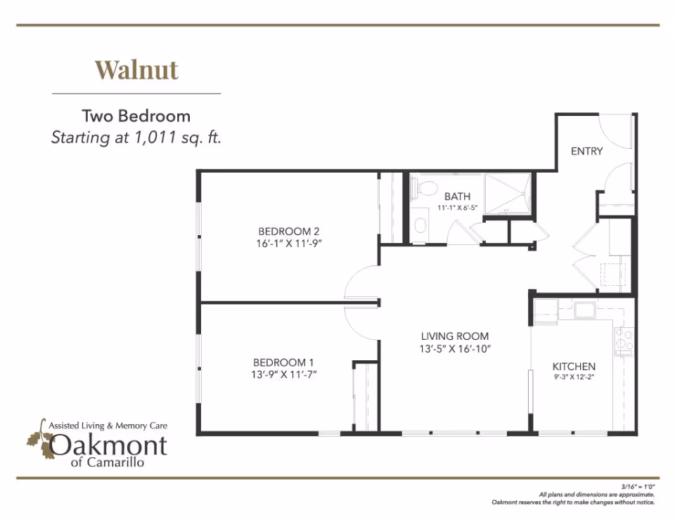Floor plan of a two-bedroom apartment named Walnut at Oakmont of Camarillo, showing dimensions for two bedrooms, a bathroom, living room, kitchen, and entry area.