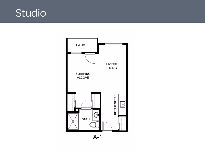 Floor plan of a studio apartment at Holiday Cedar Ridge showing a patio, sleeping alcove, living/dining area, kitchenette, and bathroom.