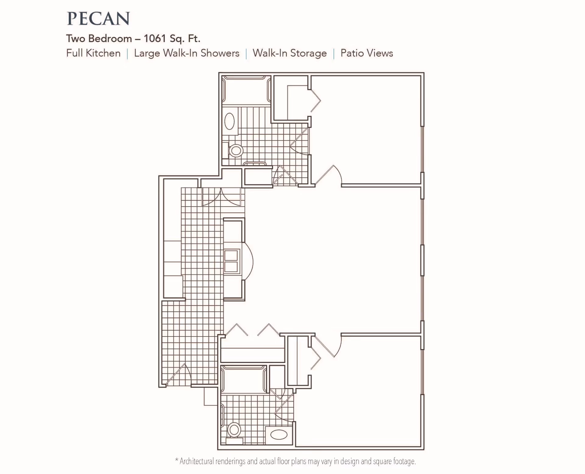 Architectural floor plan labeled Pecan showing a two-bedroom layout with 1061 square feet, featuring a full kitchen, large walk-in showers, walk-in storage, and patio views.