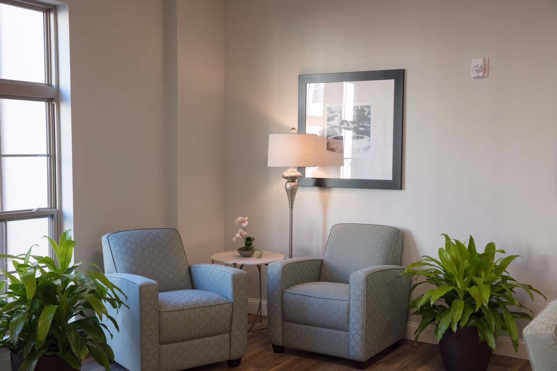 Two upholstered armchairs flank a small side table and floor lamp with framed art on the wall, potted plants and a window in a quiet seating area.
