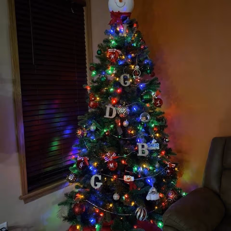 A decorated Christmas tree with multicolored lights and various ornaments including letters, snowmen, and baubles, placed next to a window with closed blinds and a brown wall. A brown cushioned chair is partially visible on the right side.