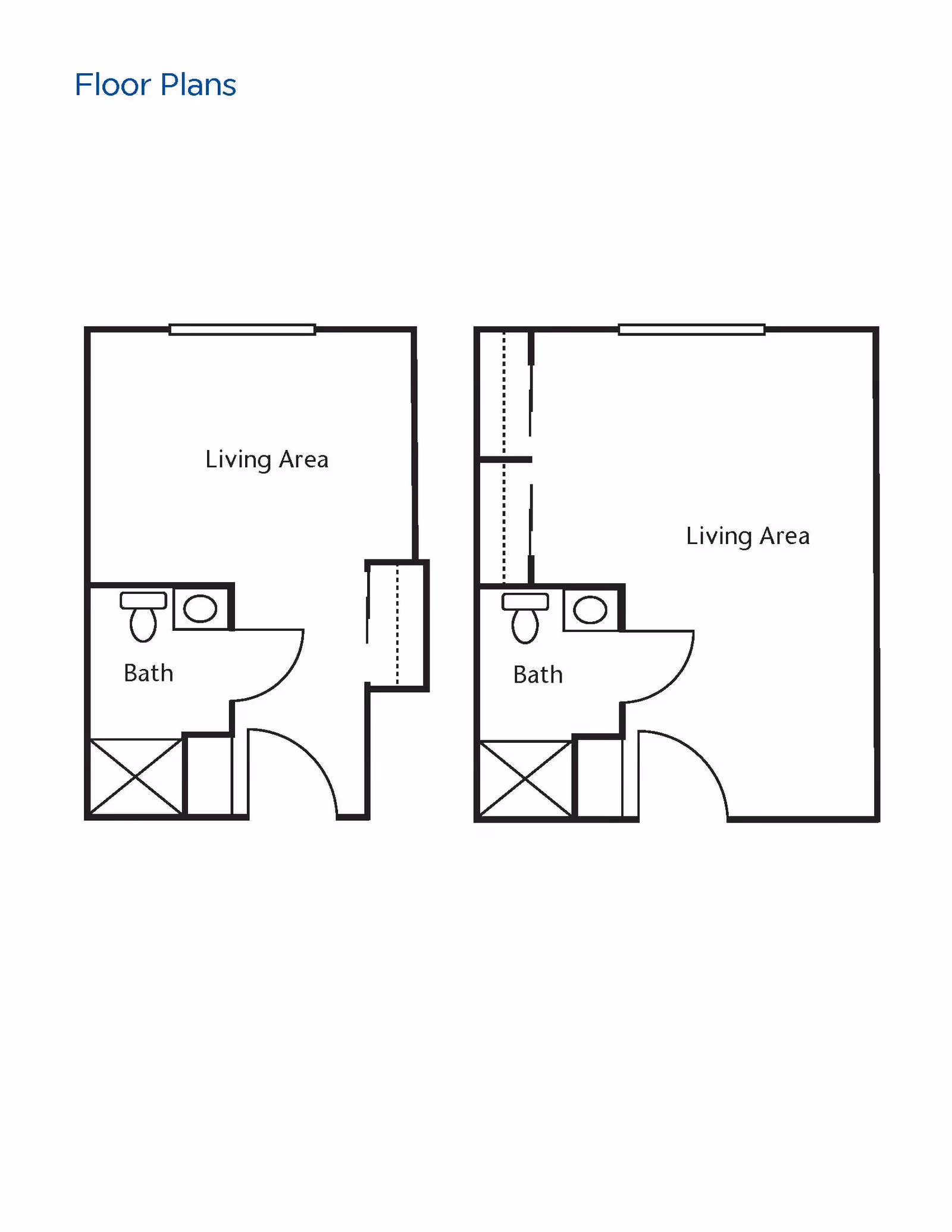 Two simple floor plans showing layouts with a living area and a bathroom labeled 'Bath'. Each plan includes a toilet, sink, and shower area, with doors leading into the living area.