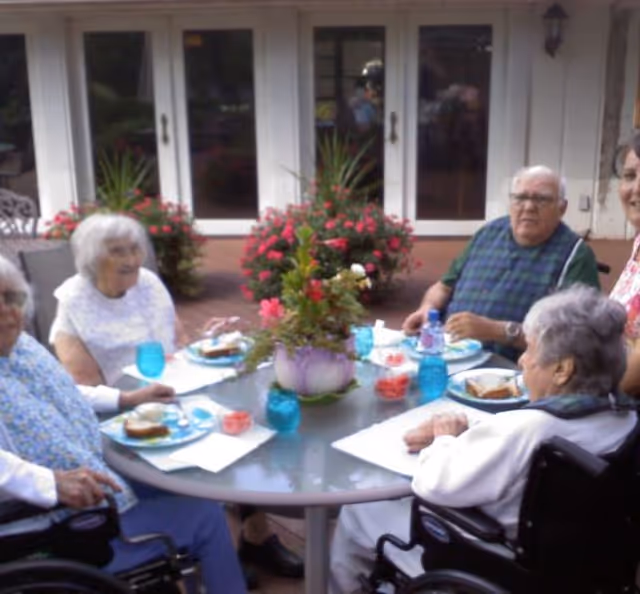 Four elderly individuals seated around a round outdoor table enjoying a meal together. The table has plates with sandwiches, blue drinking glasses, and a centerpiece with flowers. There are potted plants with pink flowers in the background near a building with large windows and a door.