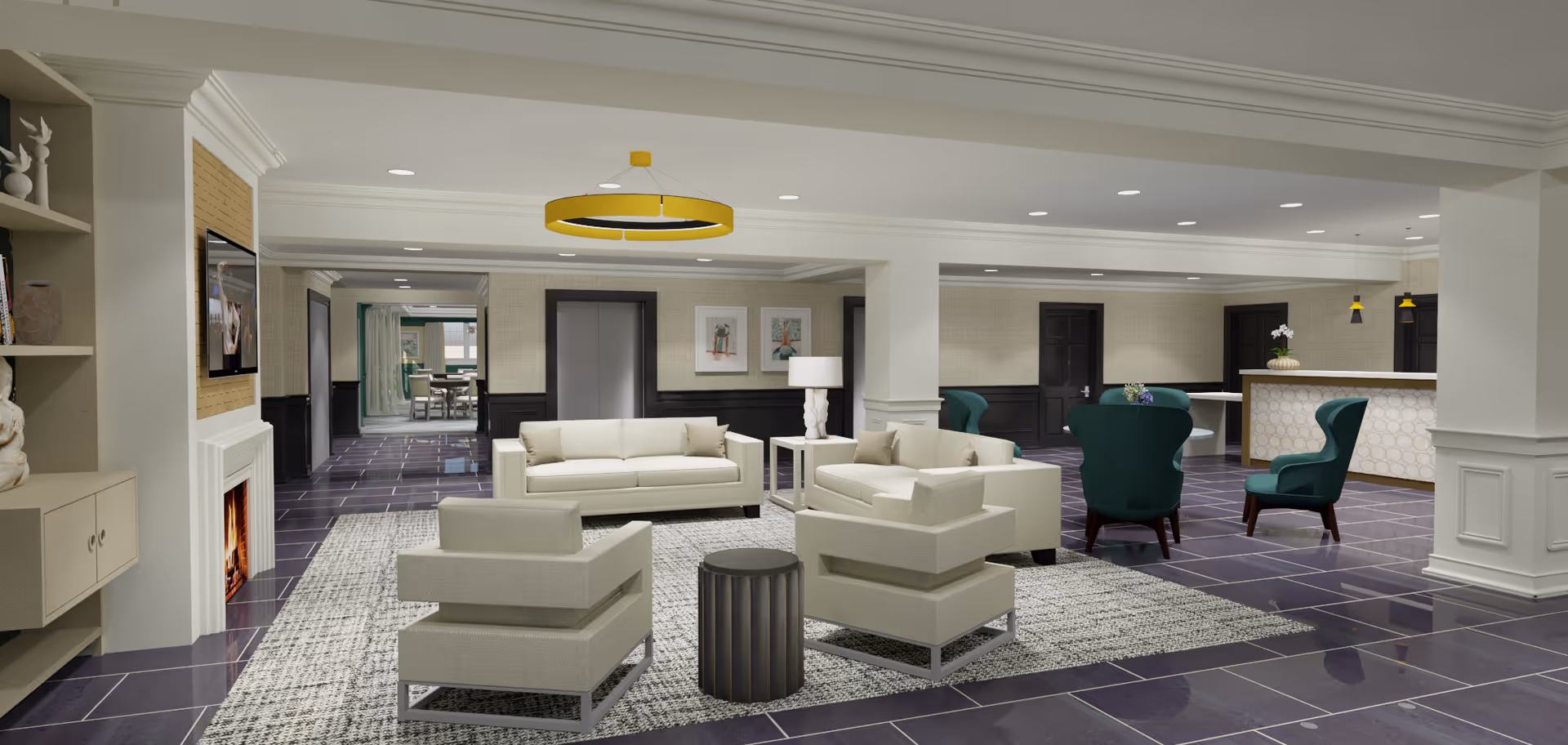 Spacious modern lounge with sofas, armchairs, a fireplace, and a reception/bar area.