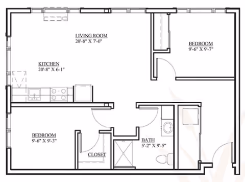 Architectural floor plan of a senior living unit at The Lofts by Cogir Senior Living, showing two bedrooms, a living room, kitchen, bathroom, and closet with dimensions labeled.