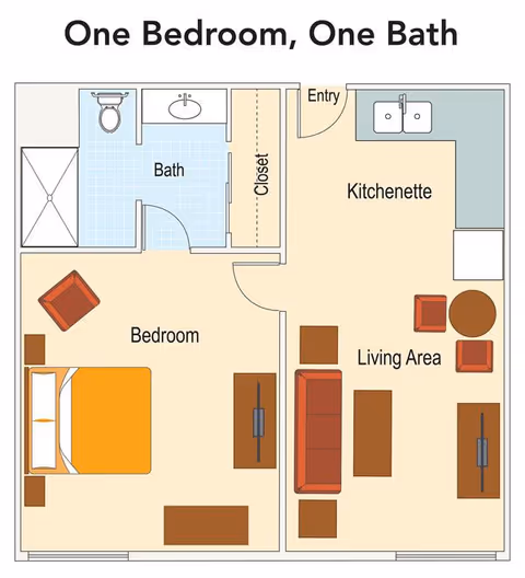 Floor plan of a one bedroom, one bath apartment featuring a bedroom with a bed, nightstands, and a chair; a bathroom with a shower, toilet, and sink; a kitchenette with a sink and counter space; and a living area with a sofa, chairs, coffee table, and side tables.