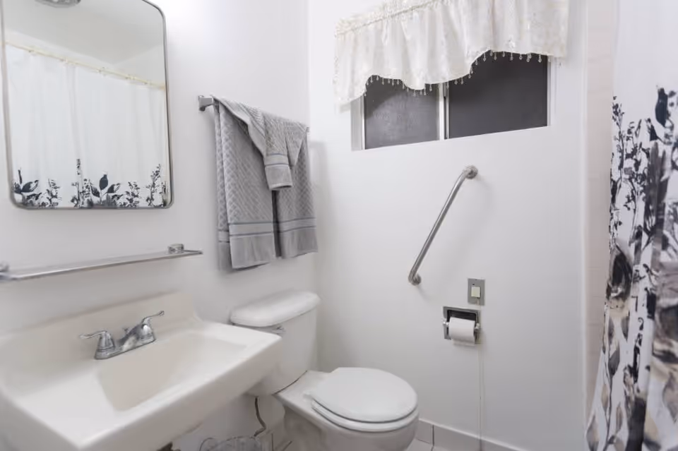 A small bathroom with a white sink and silver faucet, a toilet with a closed lid, a towel rack holding two gray towels, a wall-mounted mirror above the sink, a window with a white lace curtain, a grab bar on the wall next to the toilet, and a shower curtain with a black and white floral pattern.