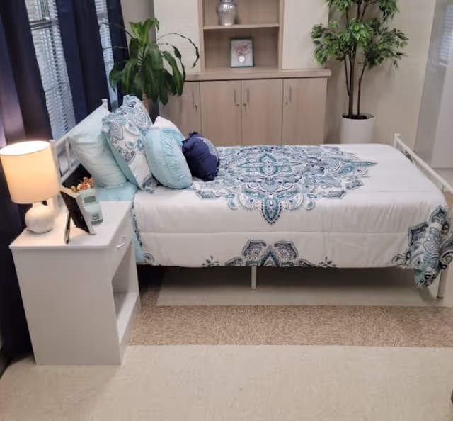 A neatly made bedroom with patterned quilt, pillows, nightstand, cabinet, and potted plants.