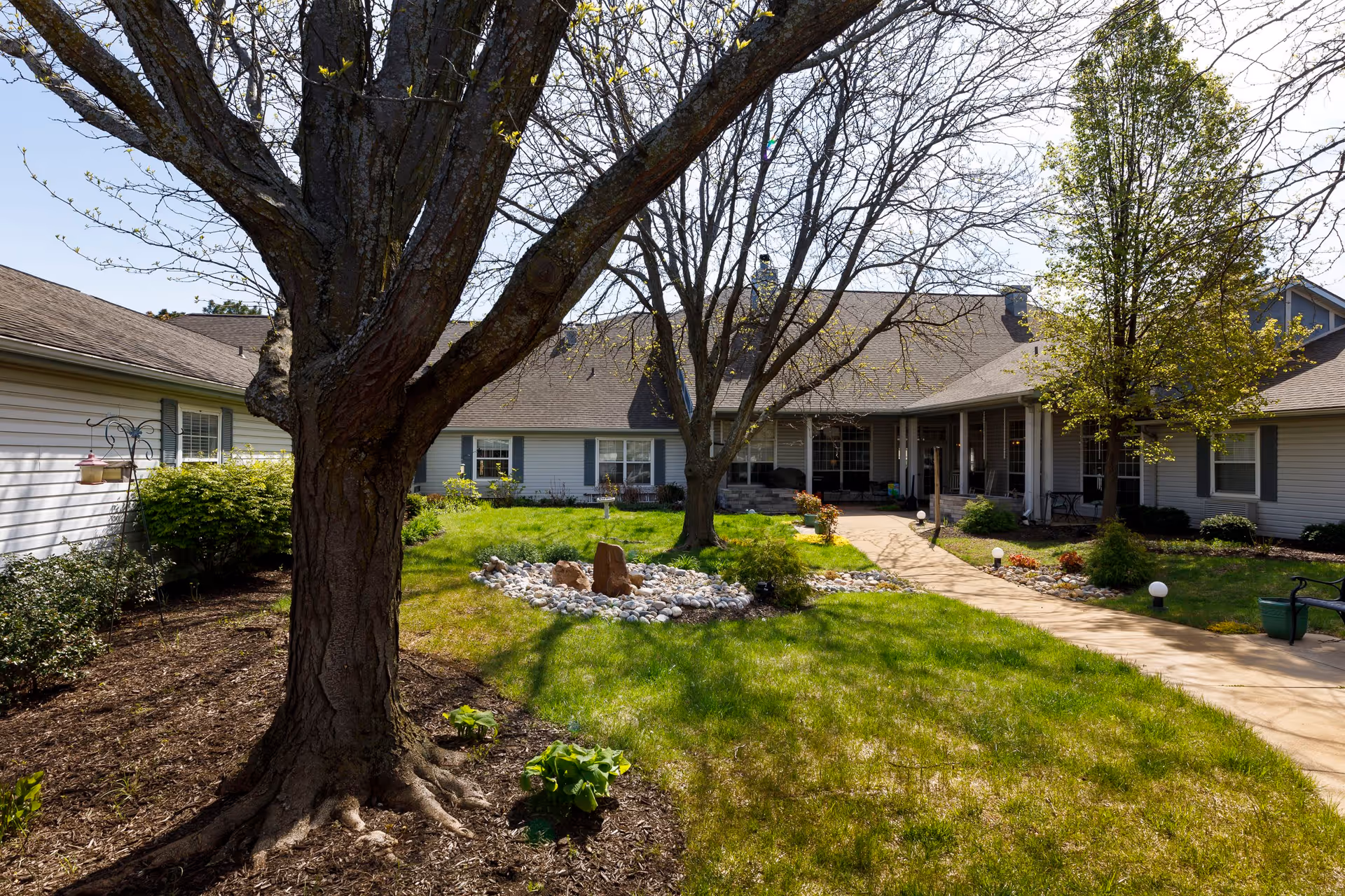A landscaped outdoor courtyard area of a senior living facility with a large tree in the foreground, green grass, a stone-bordered garden bed, and a paved walkway leading to a covered porch entrance of a single-story building.