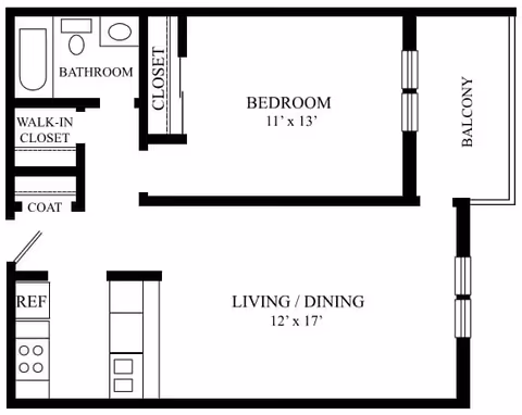 Floor plan of a senior living unit at Sandia Vista Senior Living showing a bedroom with closet and balcony, a bathroom with bathtub, toilet, and sink, a walk-in closet, a coat closet, and a combined living and dining area adjacent to a kitchen with refrigerator and stove.