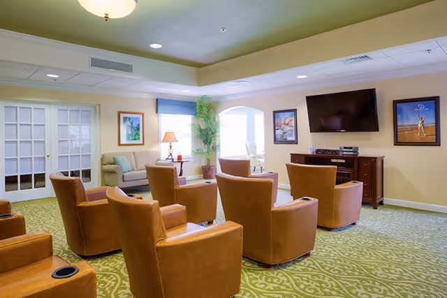 A cozy living room area with six brown leather armchairs arranged in two rows facing a wall-mounted flat screen TV. The room has a green patterned carpet, light yellow walls, and a white ceiling with recessed lighting. There is a wooden console under the TV with electronic devices, framed artwork on the walls, a small sofa with cushions near a window, a table lamp, and a tall potted plant in the corner.