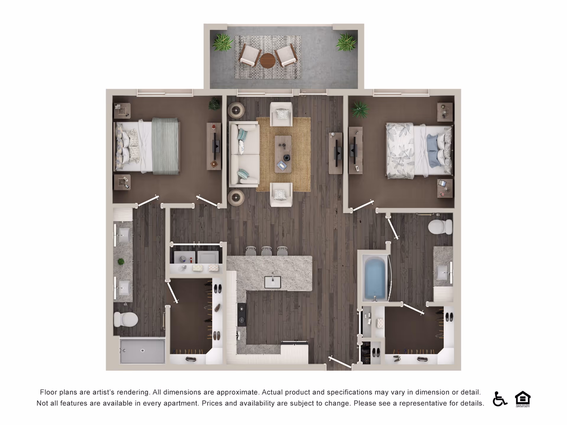 Top-down rendered floor plan of a two-bedroom apartment with a central living area, kitchen island, two bathrooms, and a balcony.