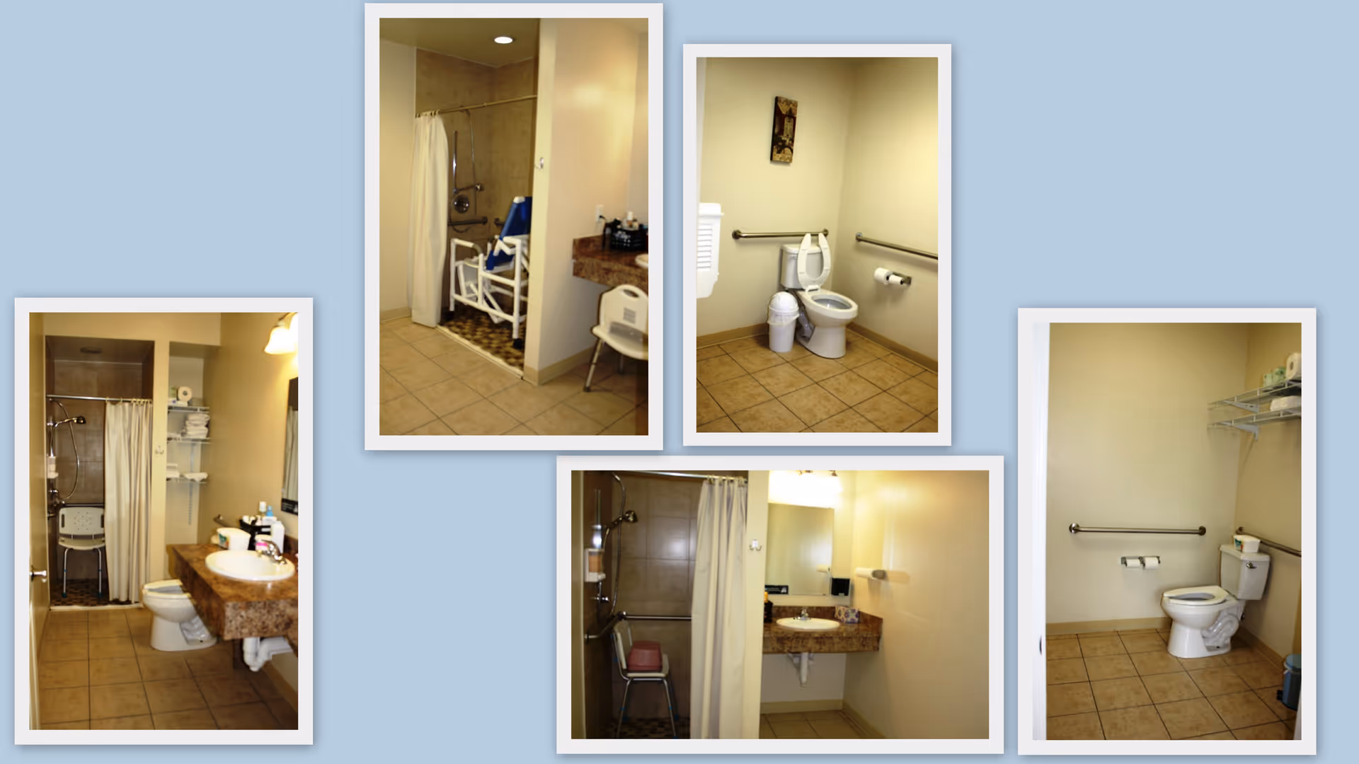 Collage of framed photos showing accessible bathrooms with toilets, sinks, grab bars, and shower chairs.