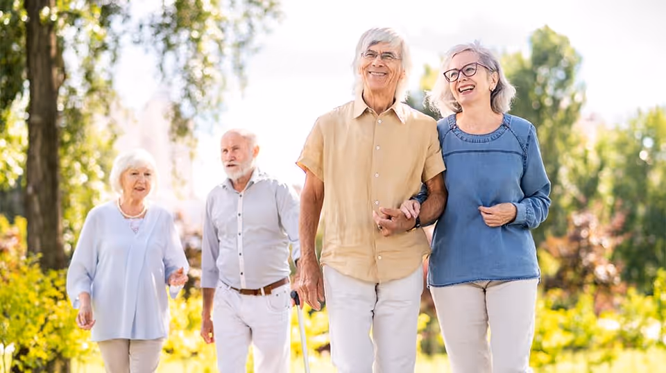 Four elderly people walking outdoors in a park-like setting with trees and greenery, two couples smiling and enjoying a sunny day.