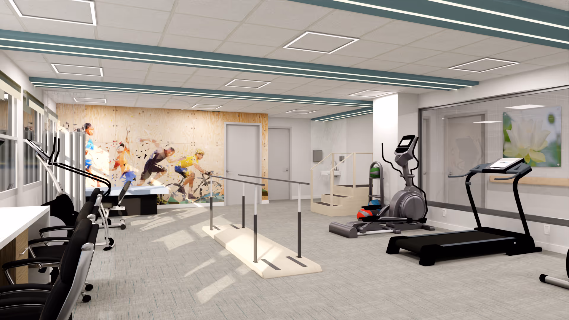 Interior therapy and exercise room with a treadmill, elliptical, parallel bars, chairs and a mural on the back wall.