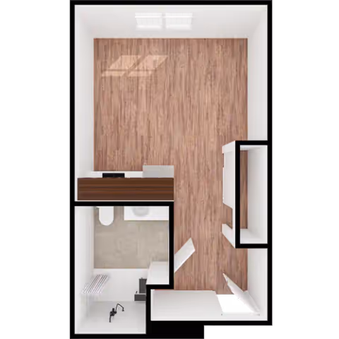 Top-down floor plan of a small living space featuring a main room with wood flooring, a kitchenette area, and a separate bathroom with tiled flooring including a toilet and sink.