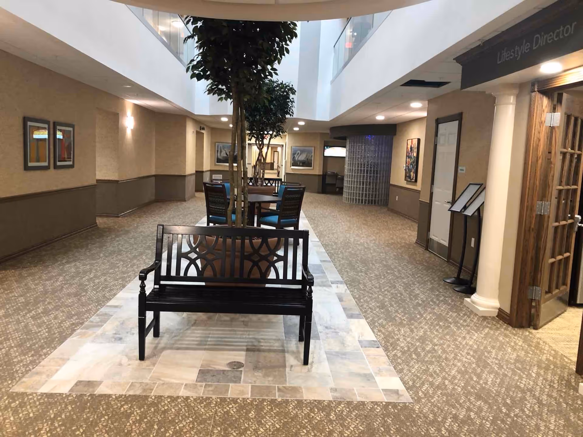 Interior common area of a retirement community showing a black bench on a tiled inset, seating and indoor trees in a carpeted hallway.