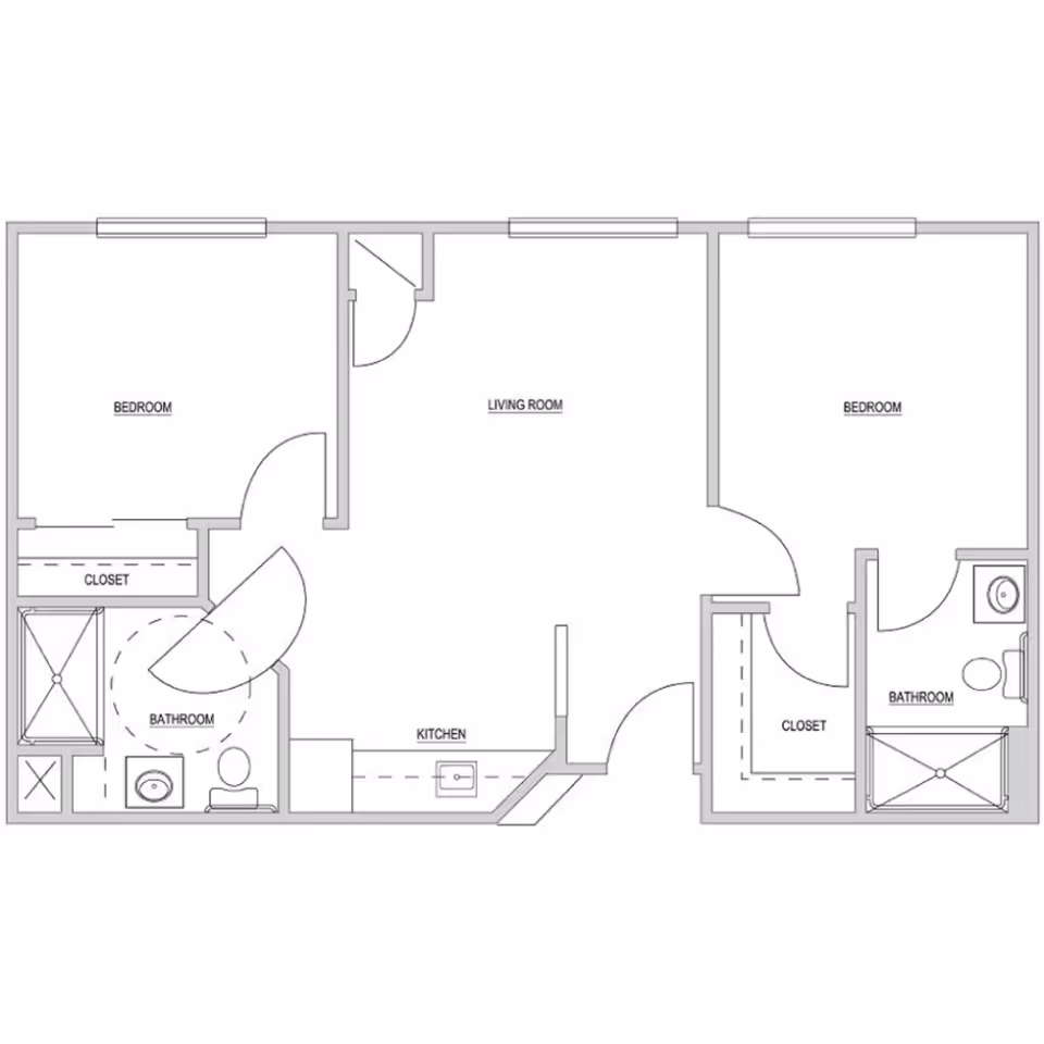 Architectural floor plan showing a layout with two bedrooms, two bathrooms, a living room, a kitchen, and closets.