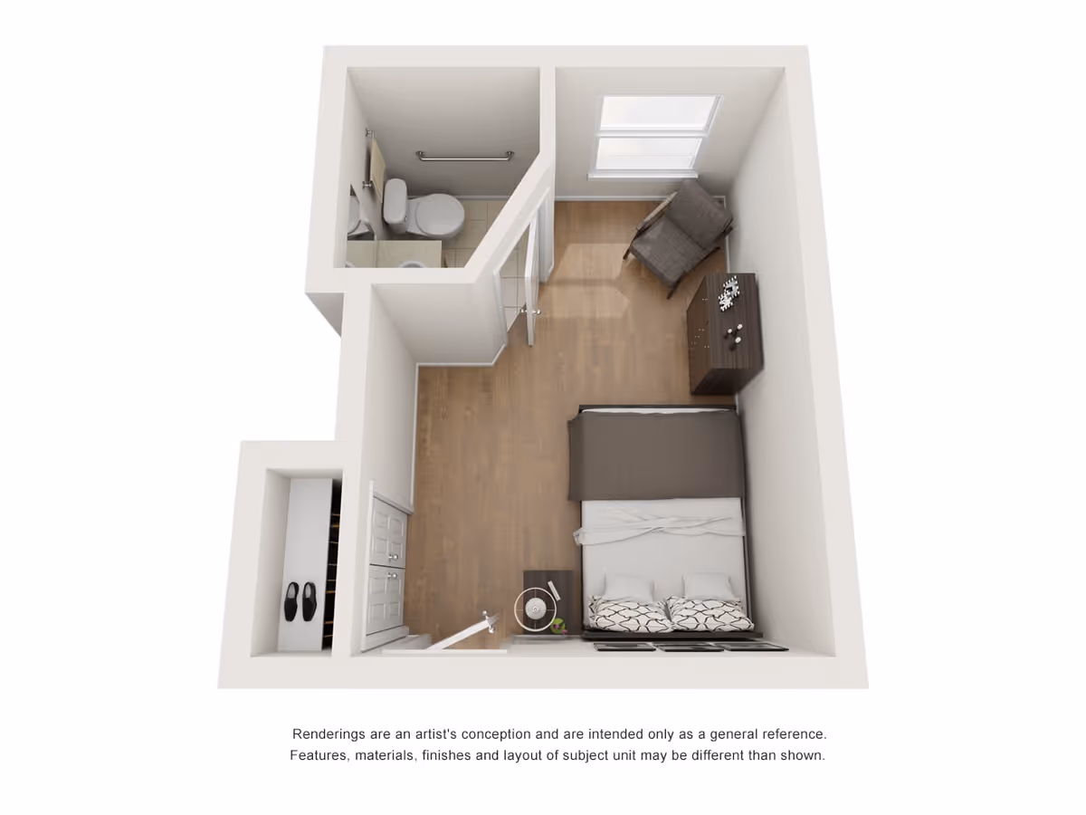 3D floor plan of a small senior living bedroom with a bed, nightstand, armchair, dresser, and an attached bathroom with a toilet and shower.