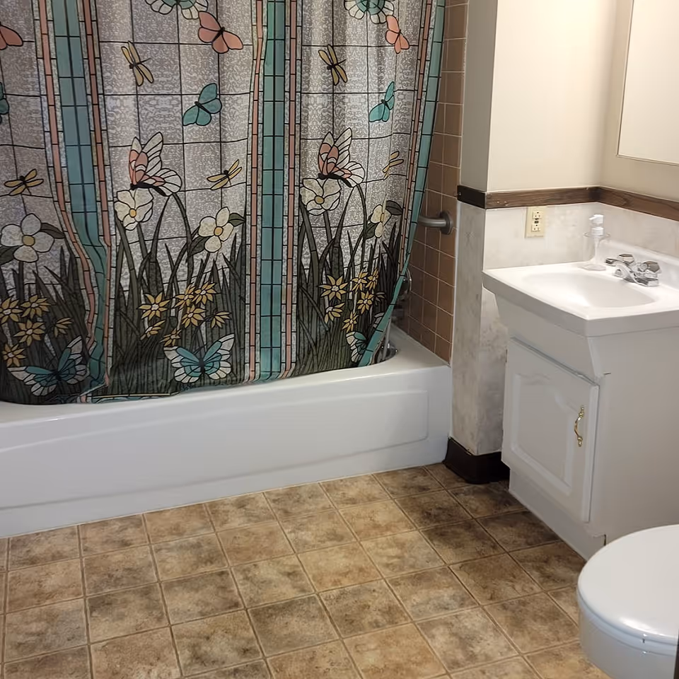 Bathroom with a bathtub and floral butterfly shower curtain, white sink vanity, toilet edge, and patterned tile floor.