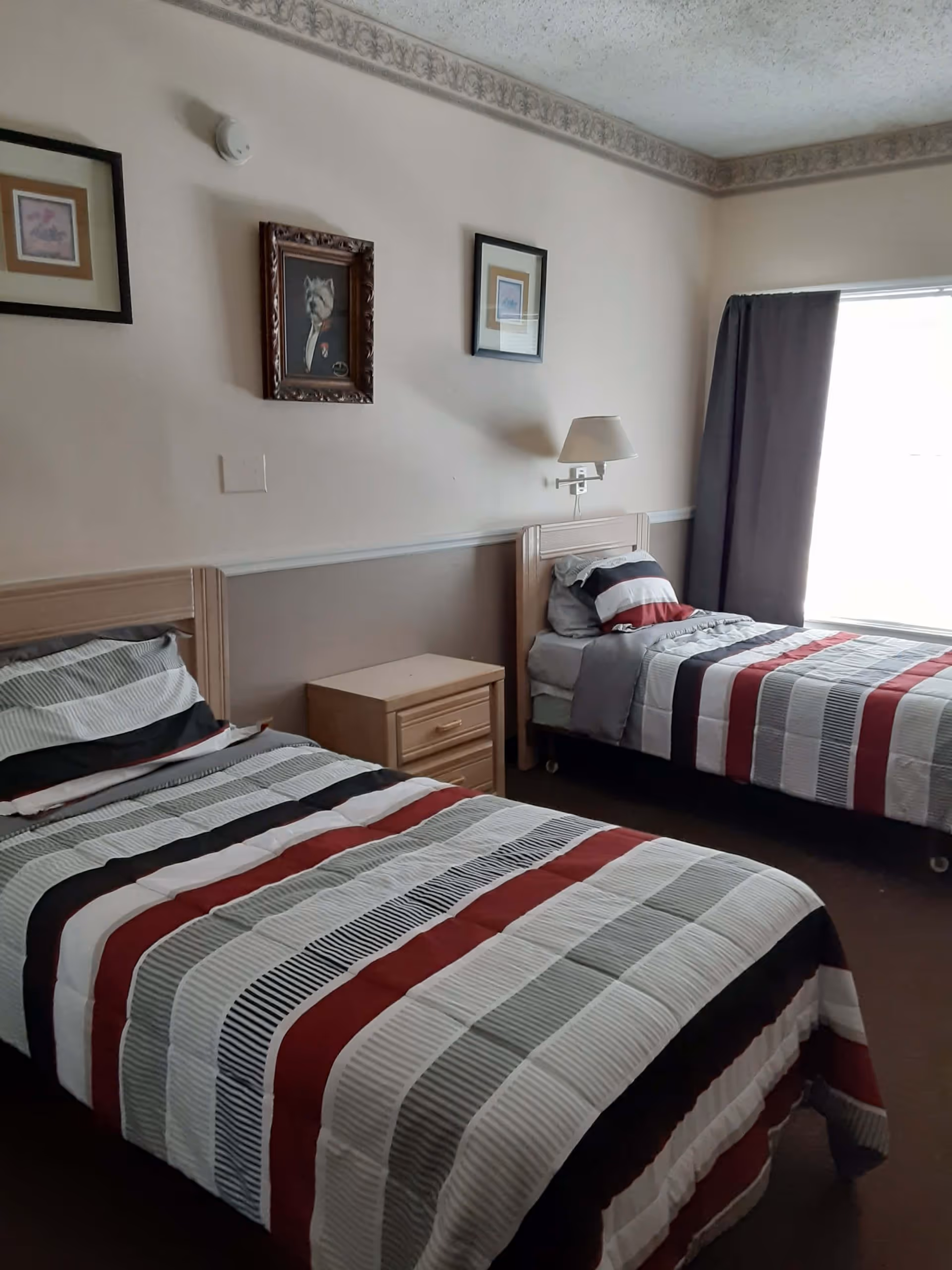 A bedroom with two single beds, each with striped bedding in shades of red, gray, black, and white. There is a wooden nightstand with two drawers between the beds. Above the nightstand, three framed pictures hang on the wall. A wall-mounted lamp is positioned above the right bed. A window with dark curtains is on the right side of the room, allowing natural light to enter.