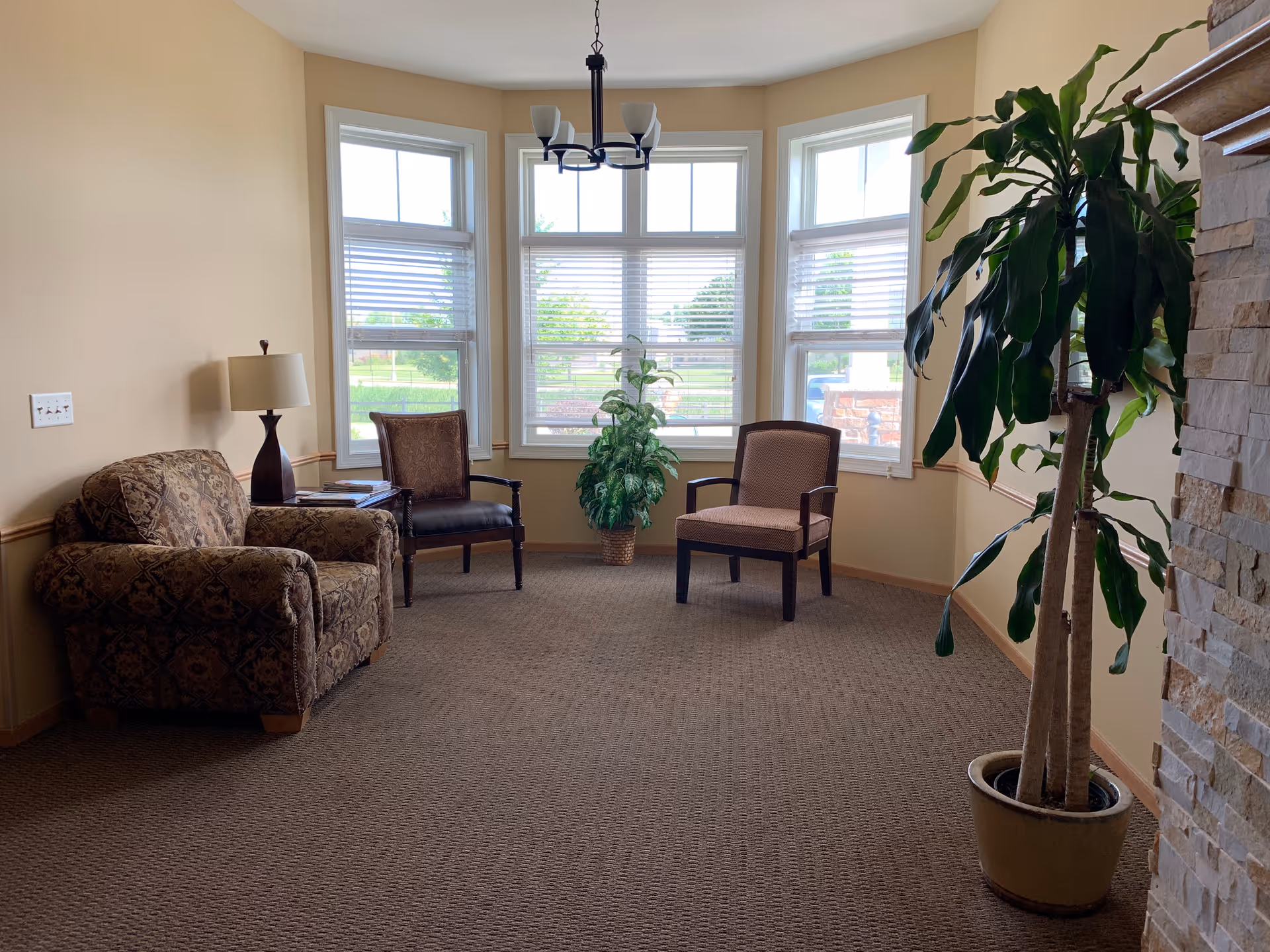 A cozy sitting area with a patterned armchair, two wooden chairs with cushions, a side table with a lamp, a large potted plant, and a bay window with blinds letting in natural light.