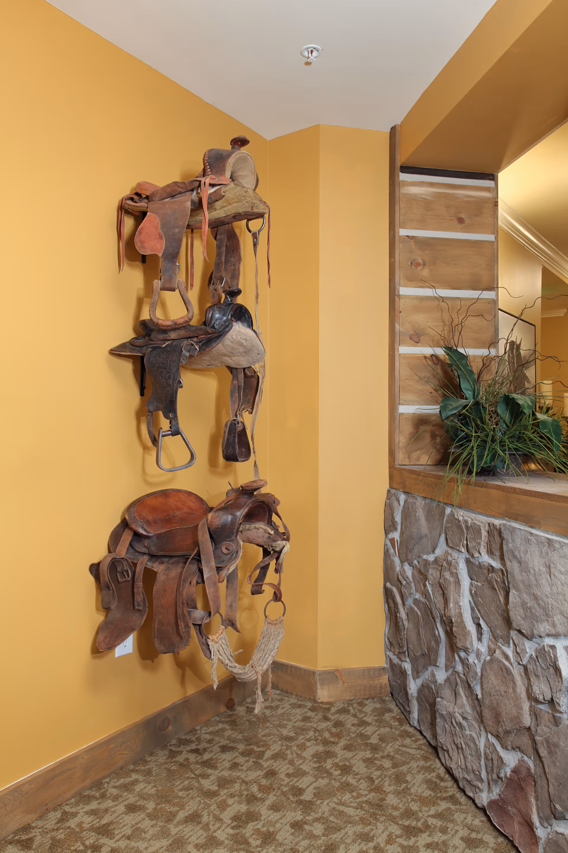 Two vintage leather saddles hanging on a mustard yellow wall next to a stone and wood half-wall with a planter containing green plants.