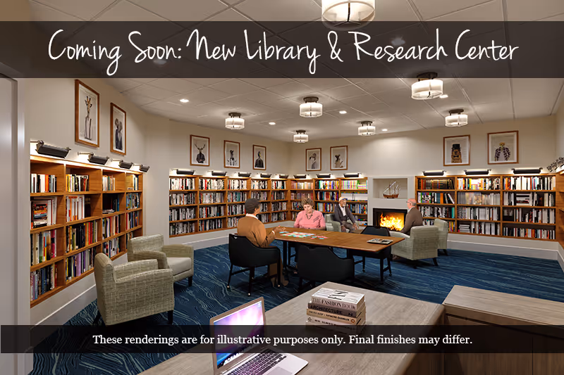 Rendered interior of a library with bookshelves, seating around a central table where people are seated, and a fireplace.