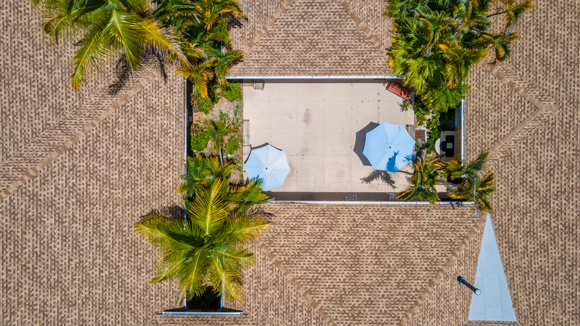 Aerial view of a rooftop courtyard with two blue umbrellas, palm trees, and surrounding shingled roofs.