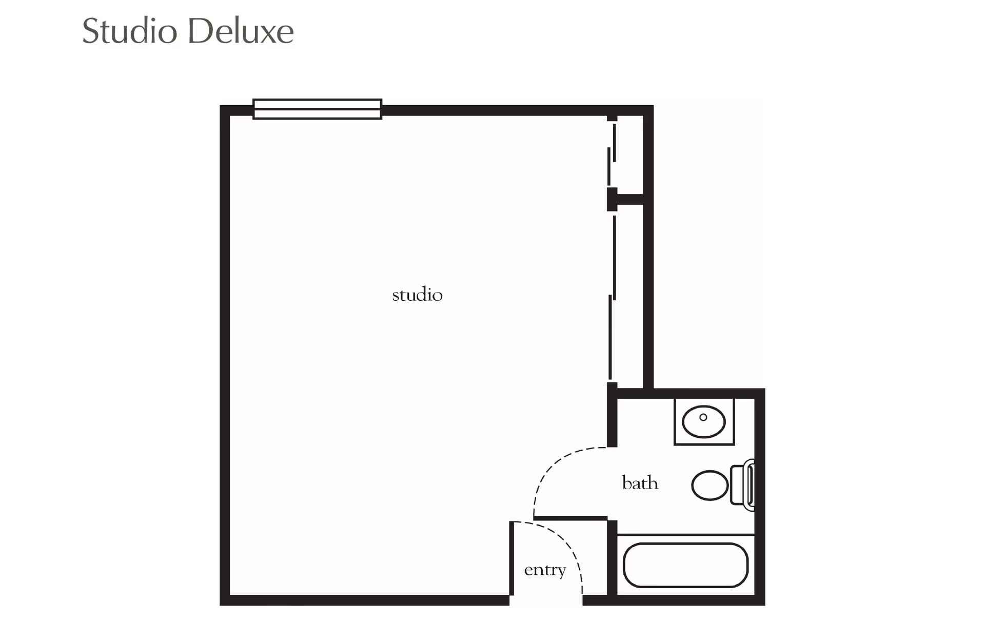 Floor plan labeled Studio Deluxe showing a studio living area, an entryway, and a bathroom with a sink, toilet, and bathtub.