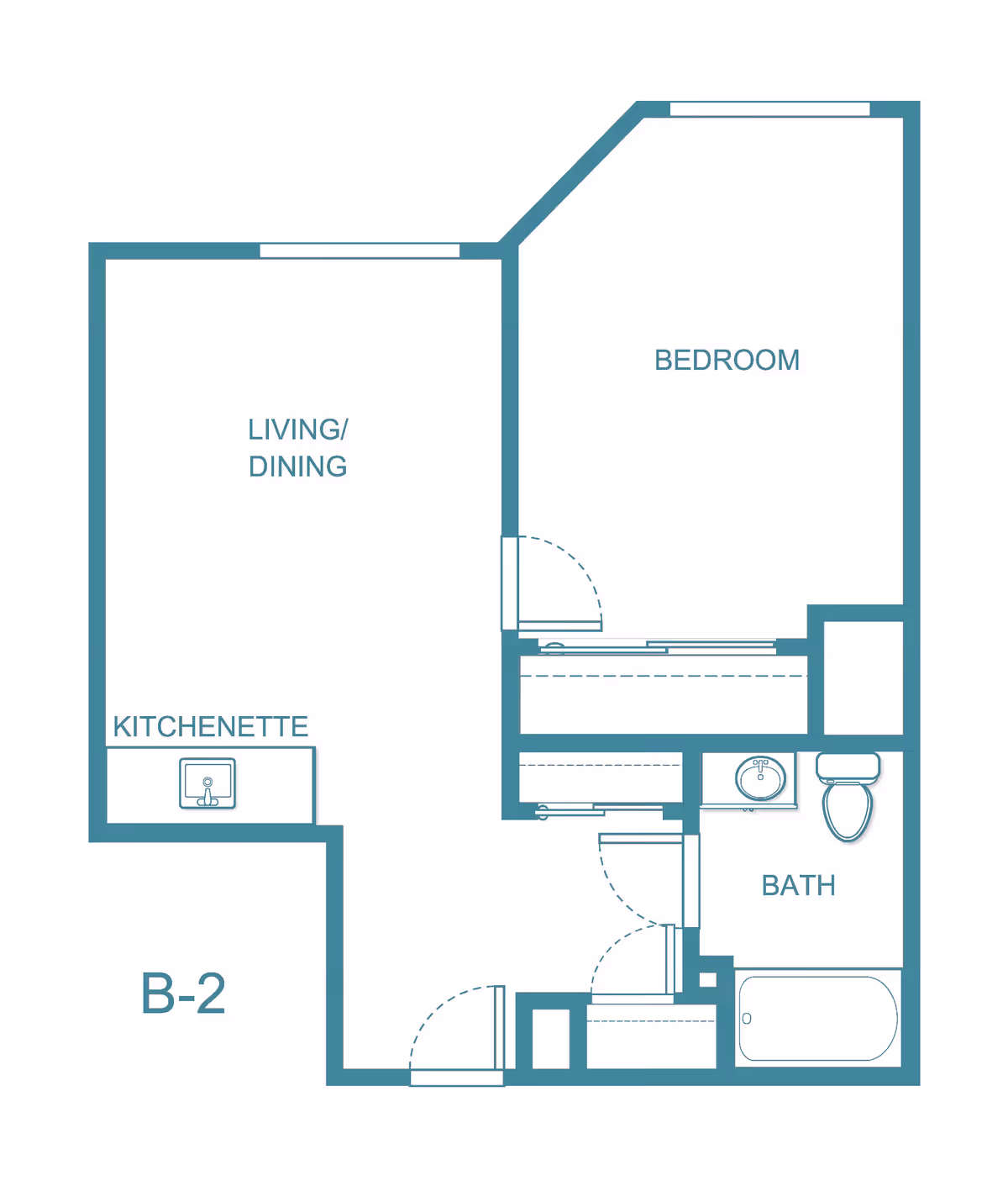 Floor plan layout of a senior living apartment labeled B-2, showing a bedroom, bath, kitchenette, and combined living/dining area.