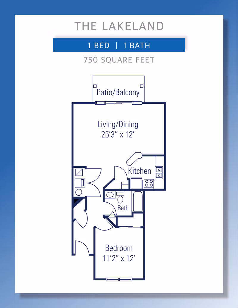 Graphic floor plan titled 'The Lakeland' showing a 1 bed/1 bath, 750 sq ft apartment with living/dining area, kitchen, bedroom, bathroom, and patio/balcony.